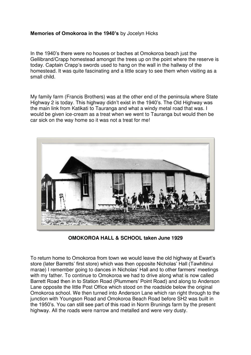 Memories of Omokoroa in the 1940's