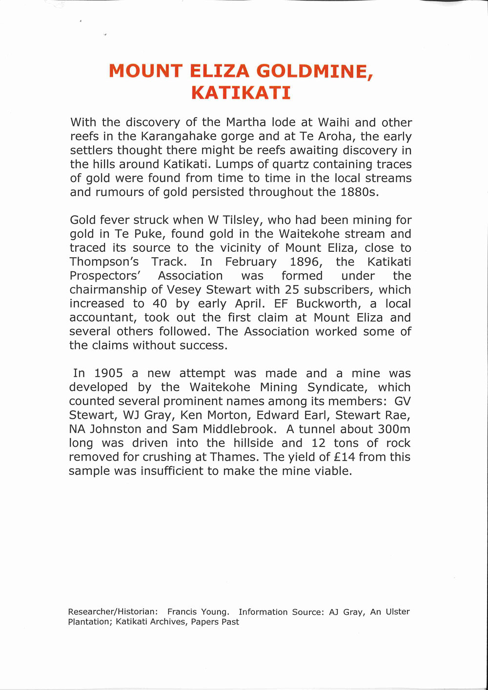 Mount Eliza goldmine - Katikati