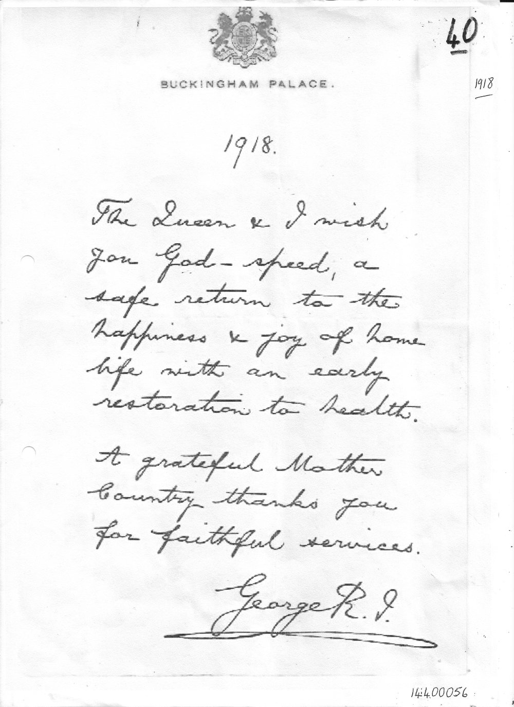 Letter from Buckingham Palace 1918