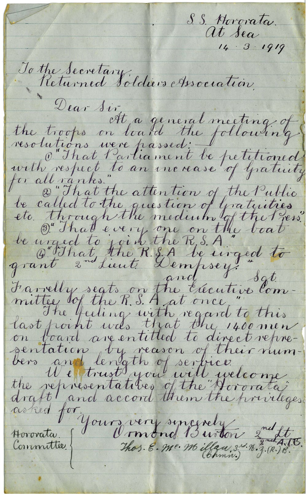 Correspondence from Ormond Burton to the RSA