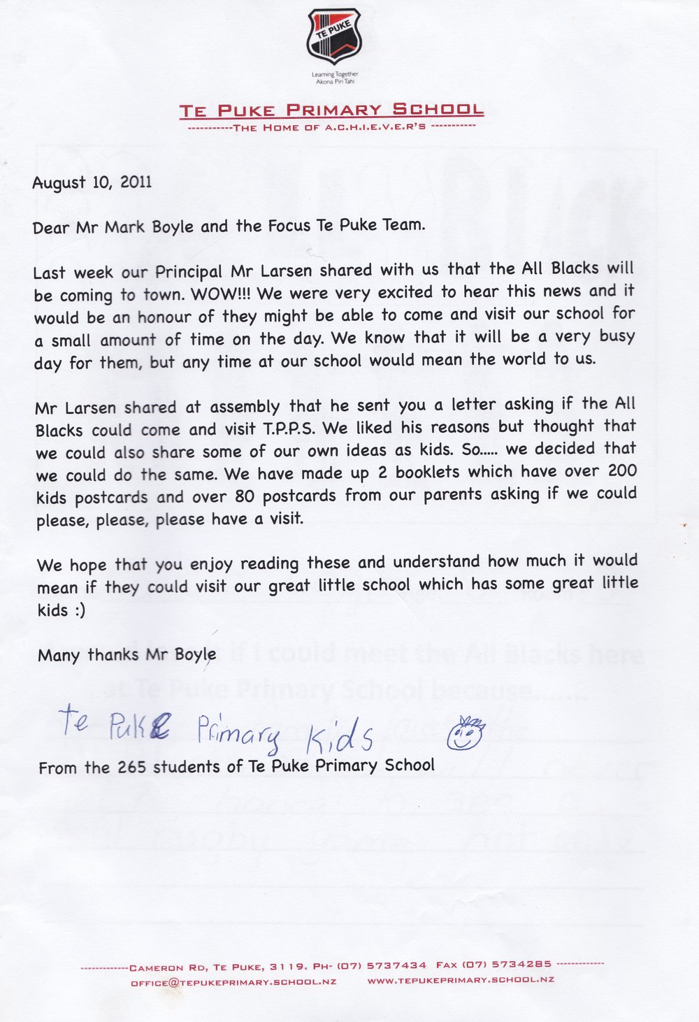 A Special Request from Te Puke Primary School