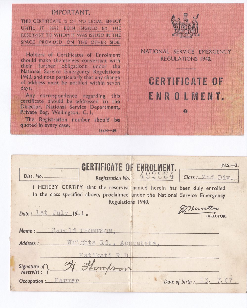 Certificate of Enrolment under the National Service Emergency Regulations 1940