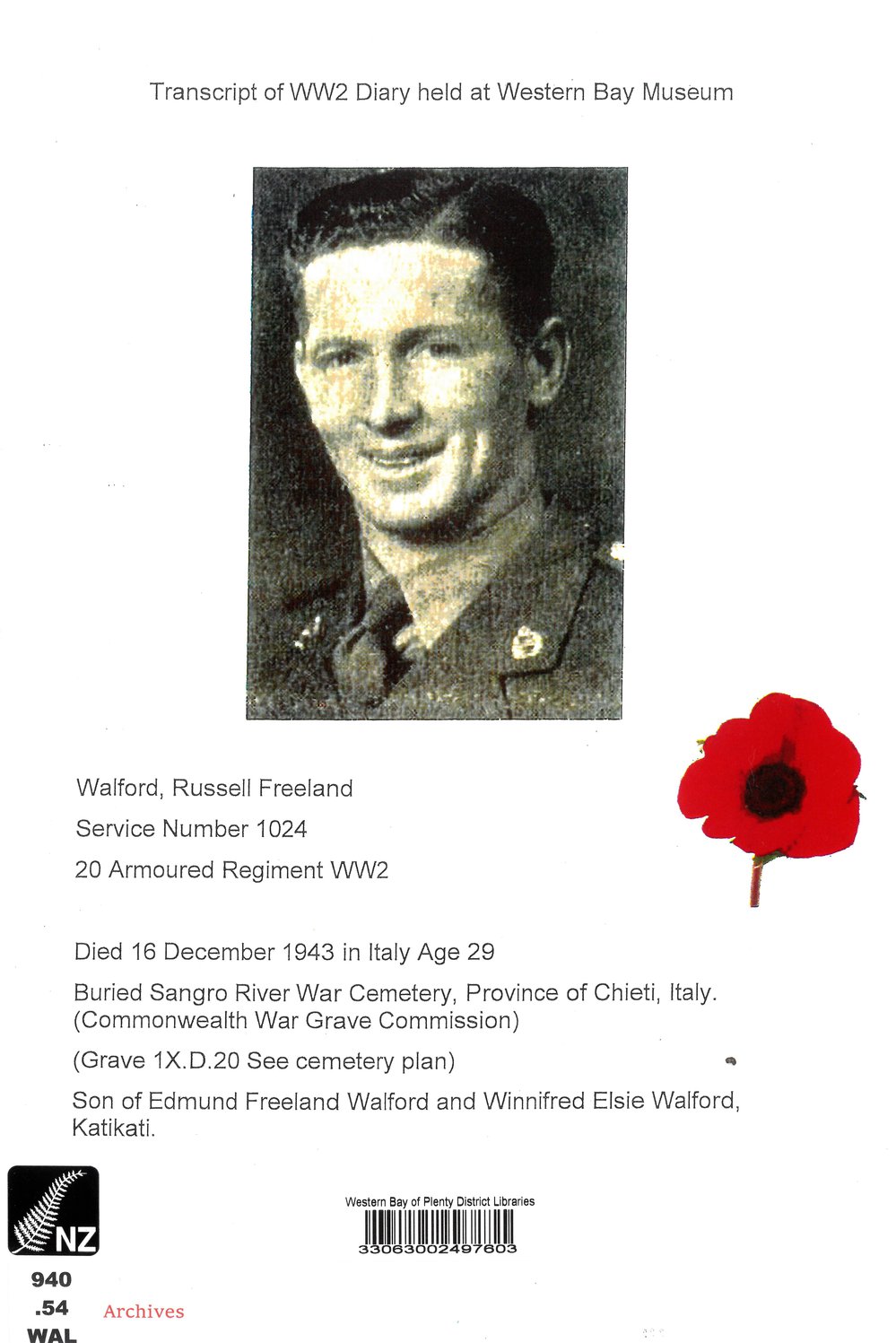 Transcript of war diary belonging to Russell Walford of Katikati