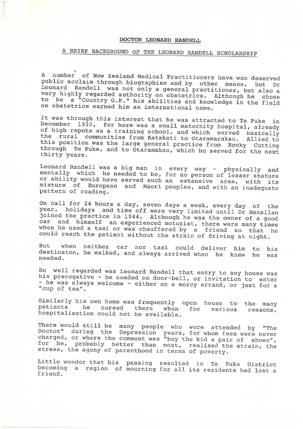 The Dr Leonard Randell Scholarship Trust