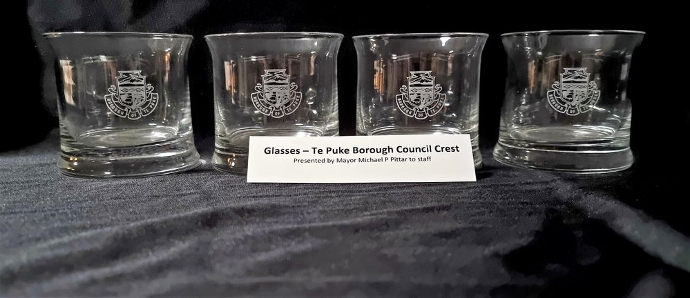 Drinking glasses with Te Puke Borough crest