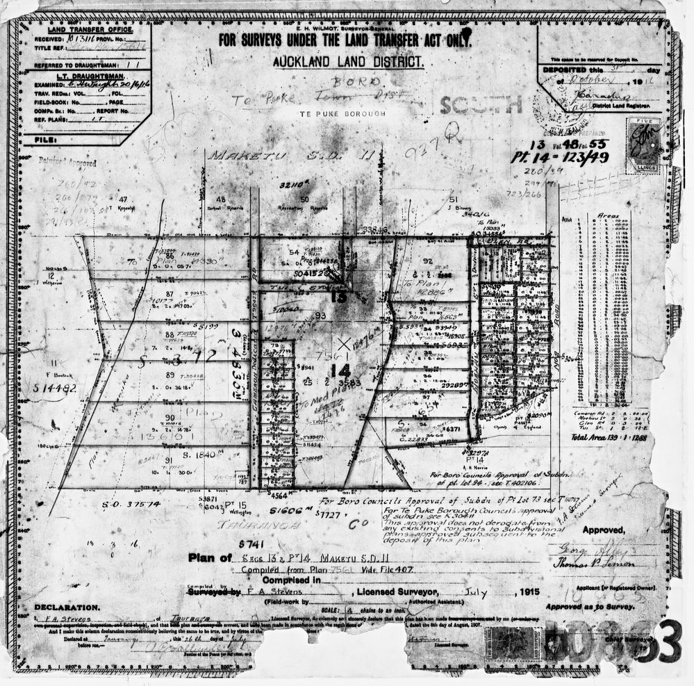 Te Puke cadastral SO10863 - Moehau Street subdivision - Secs 13-14 Blk II Maketu SD 1915