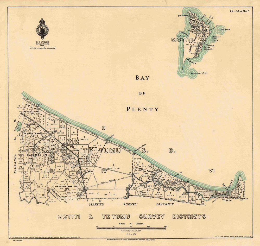 SAK 34 &amp; SAK34A Motiti and Te Tumu Survey Districts, Papamoa to Maketu. 1933