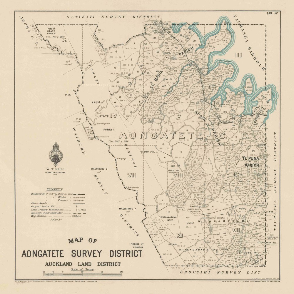 SAK 32 Aongatete Survey District, Te Mania to Te Puna. 1926