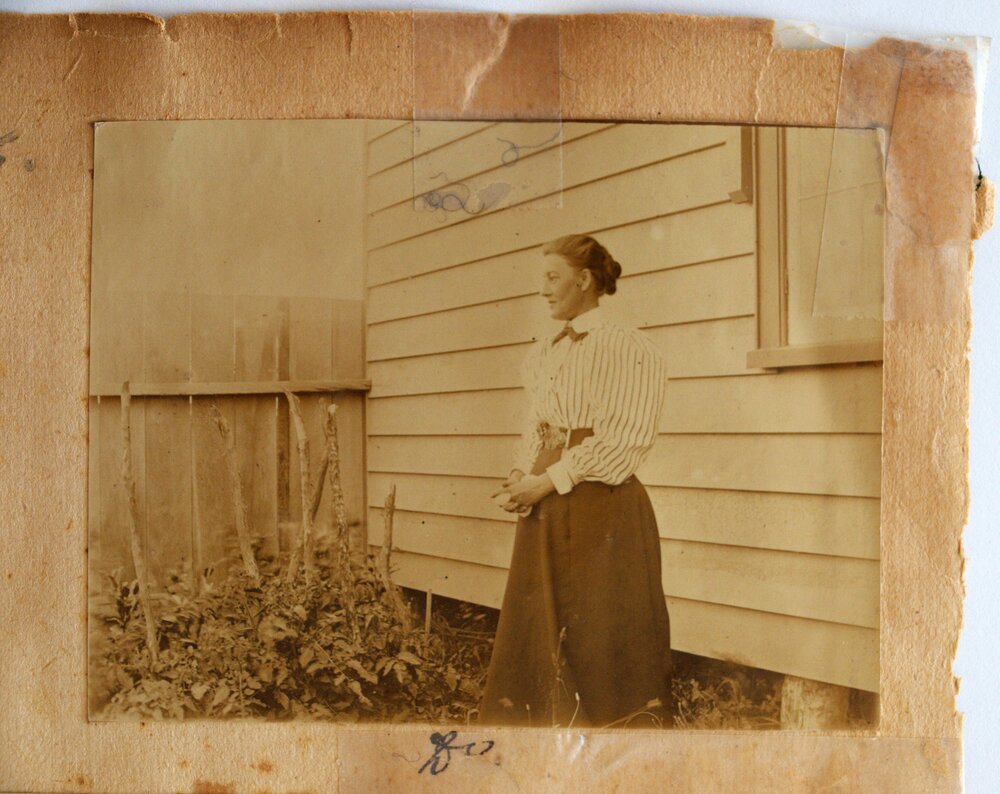 Florence Emmeline Clara Swindley next to her vegetable garden