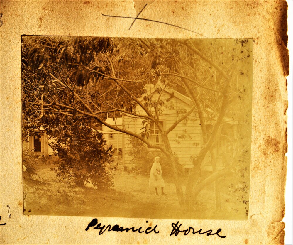 Alma Murray in the garden at Pyramid house in Bowentown