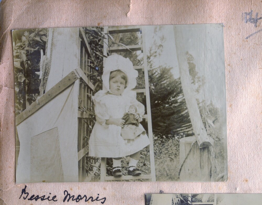 Bessie Morris and doll at Athenree