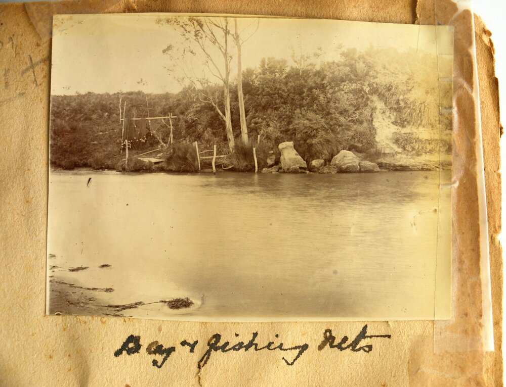 Fishing nets drying at Boathouse Bay at Kauri Point near Katikati