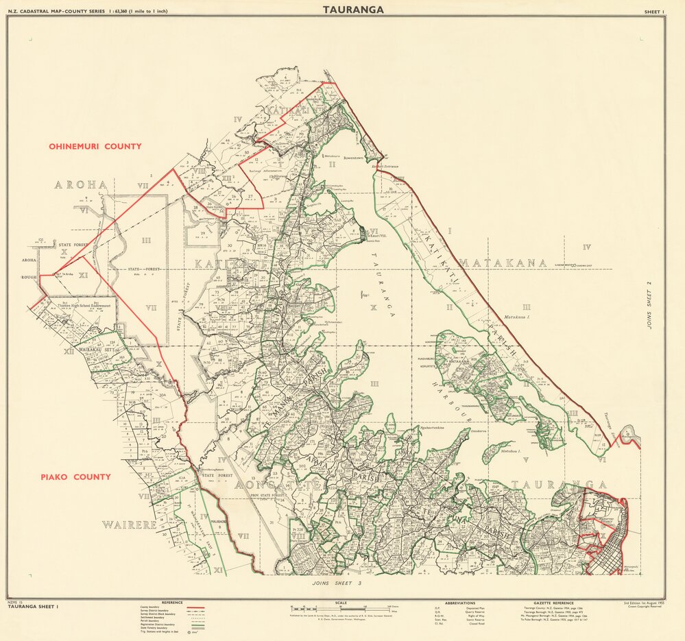 WBoP Tauranga County cadastral index map 1955 Sheet 1 of 4