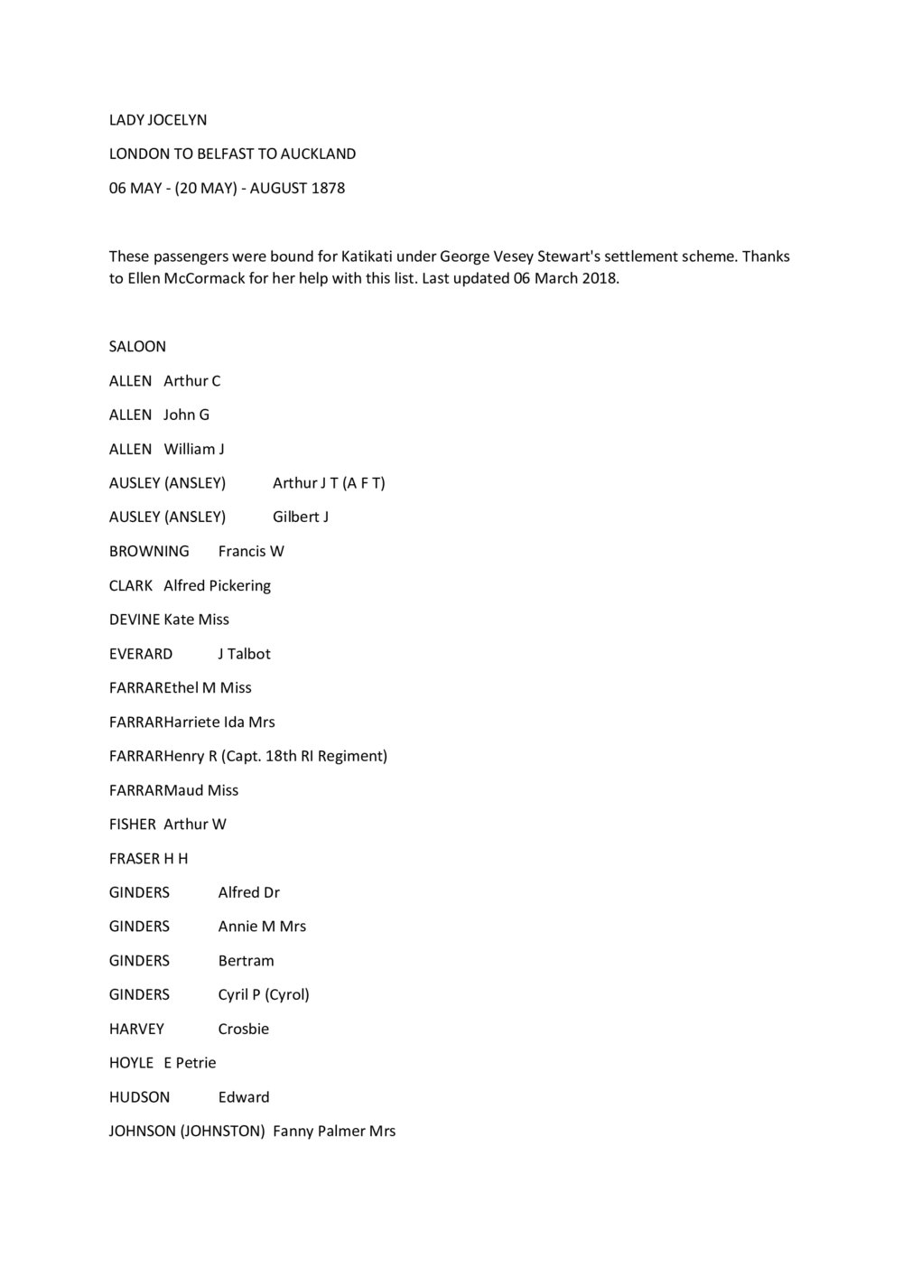 Passenger List of the Lady Jocelyn 1878