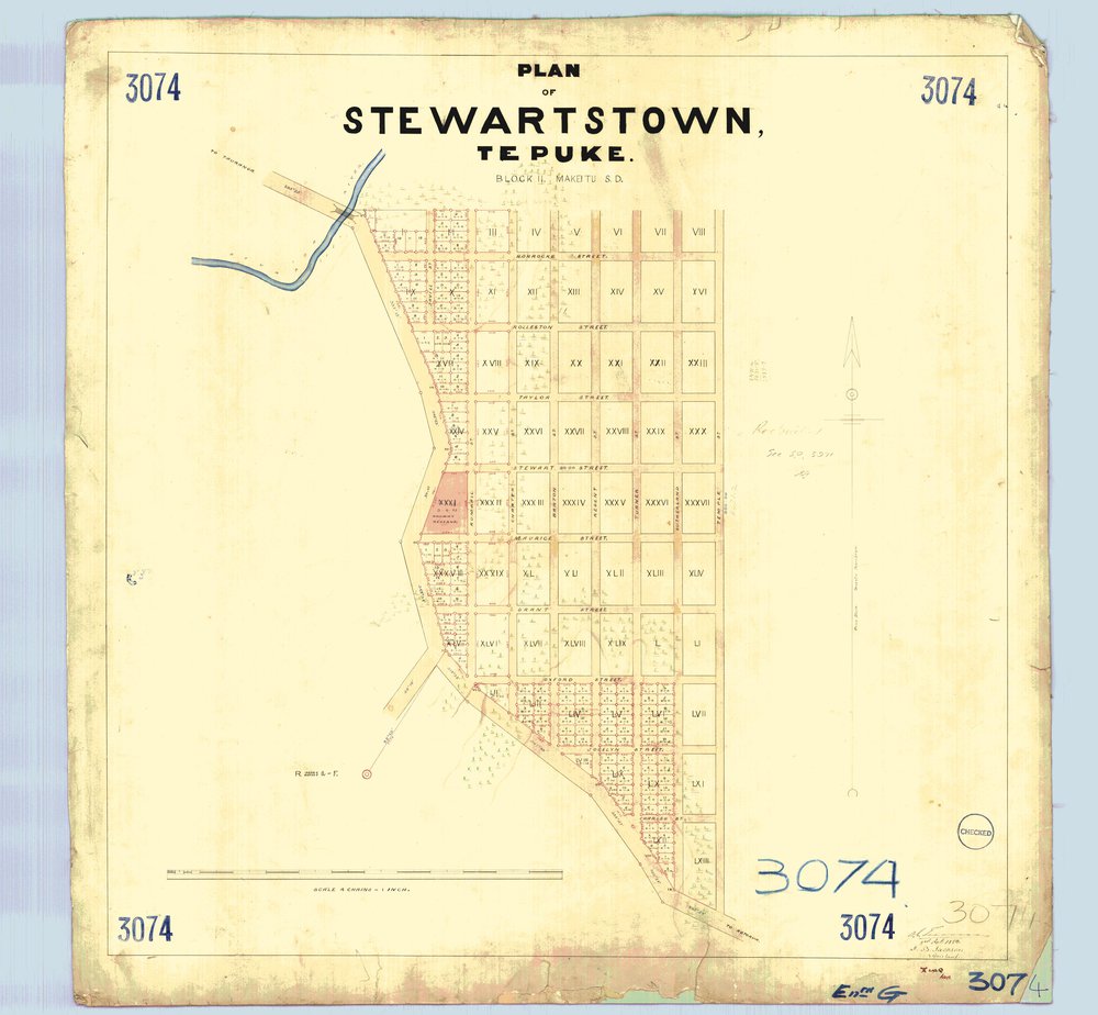 TOWN Stewartstown street plan - Te Puke - LINZ drg SO 3074  1882