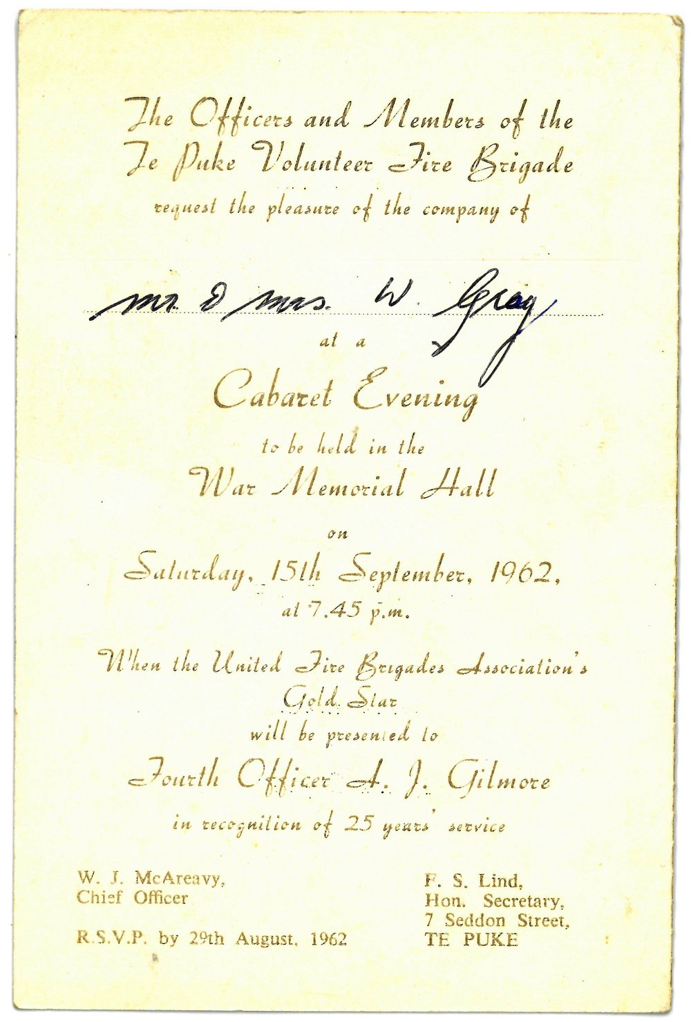 Invite to cabaret evening to celebrate long service award.