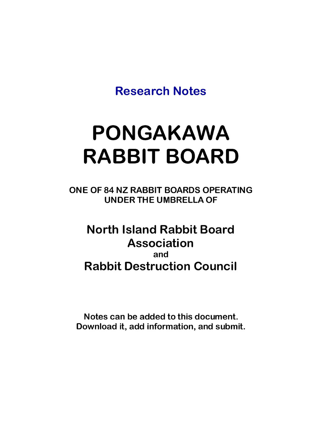 Pongakawa Rabbit Board research notes