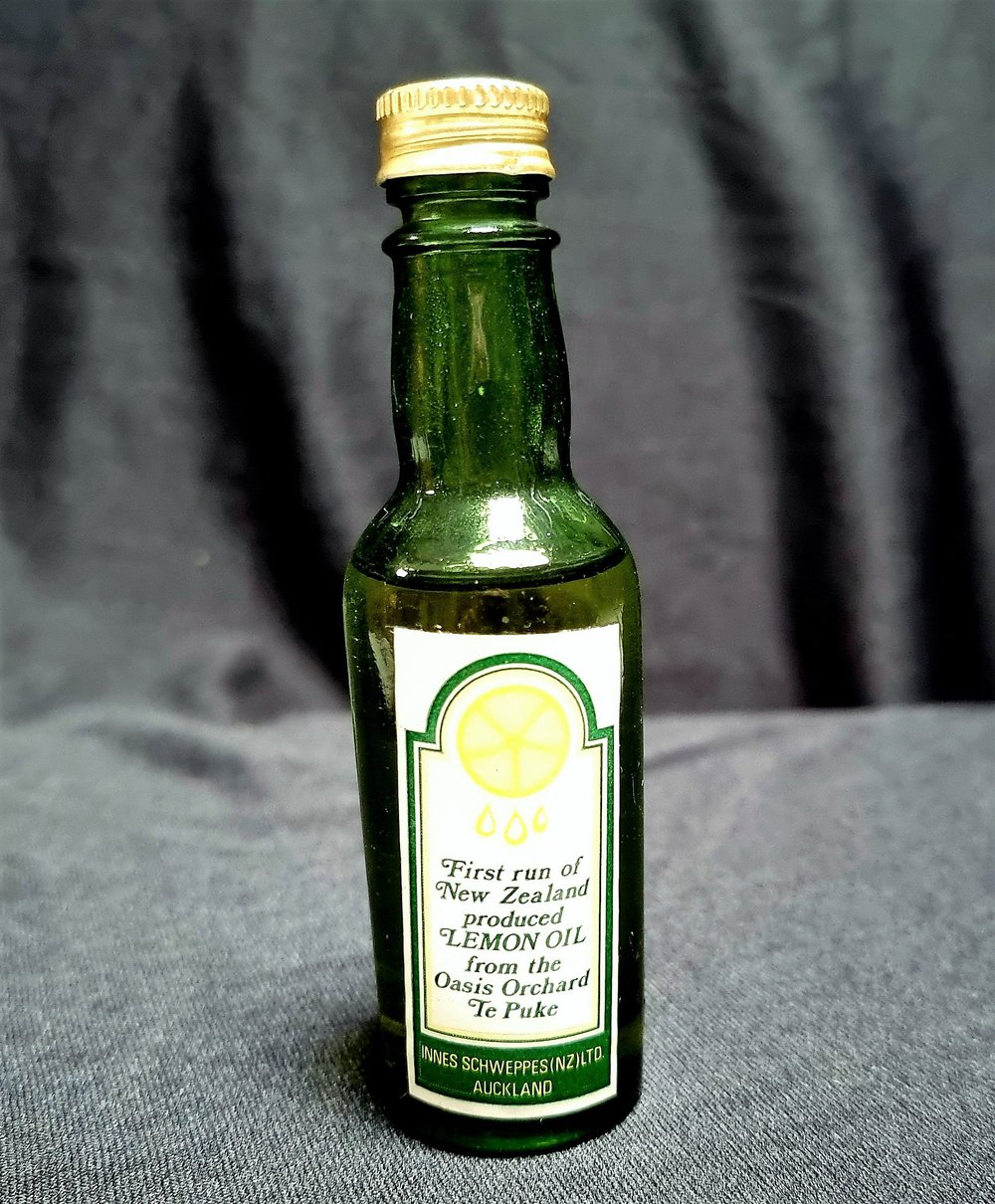 The first bottle of lemon oil from the "Schweppes Orchard", Te Puke