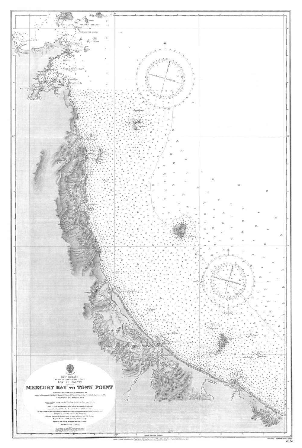 CHART 3332 Mercury Bay to Town Point ocean soundings 1903 to 1921 HMS Penguin