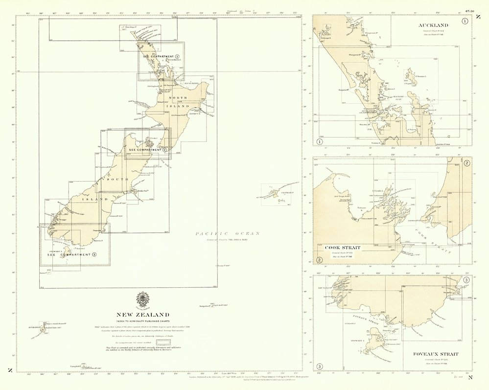 CHART N Admiralty Hydrographic Chart - Index map for New Zealand 1938