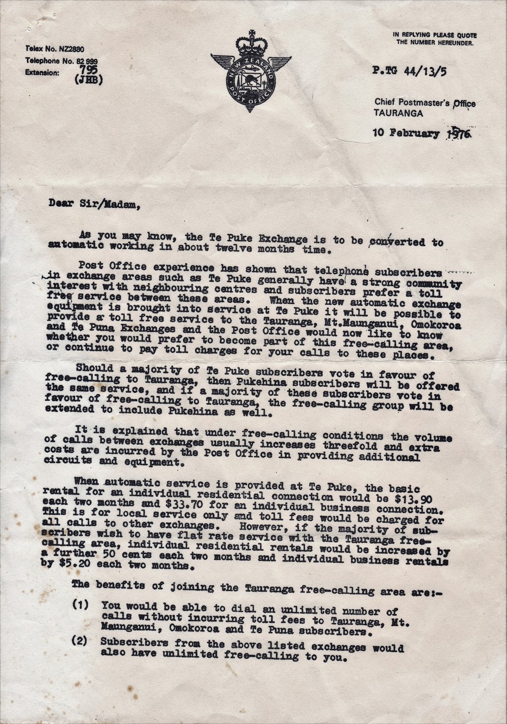 Letter from the Chief Postmaster, E. H. McElhinney