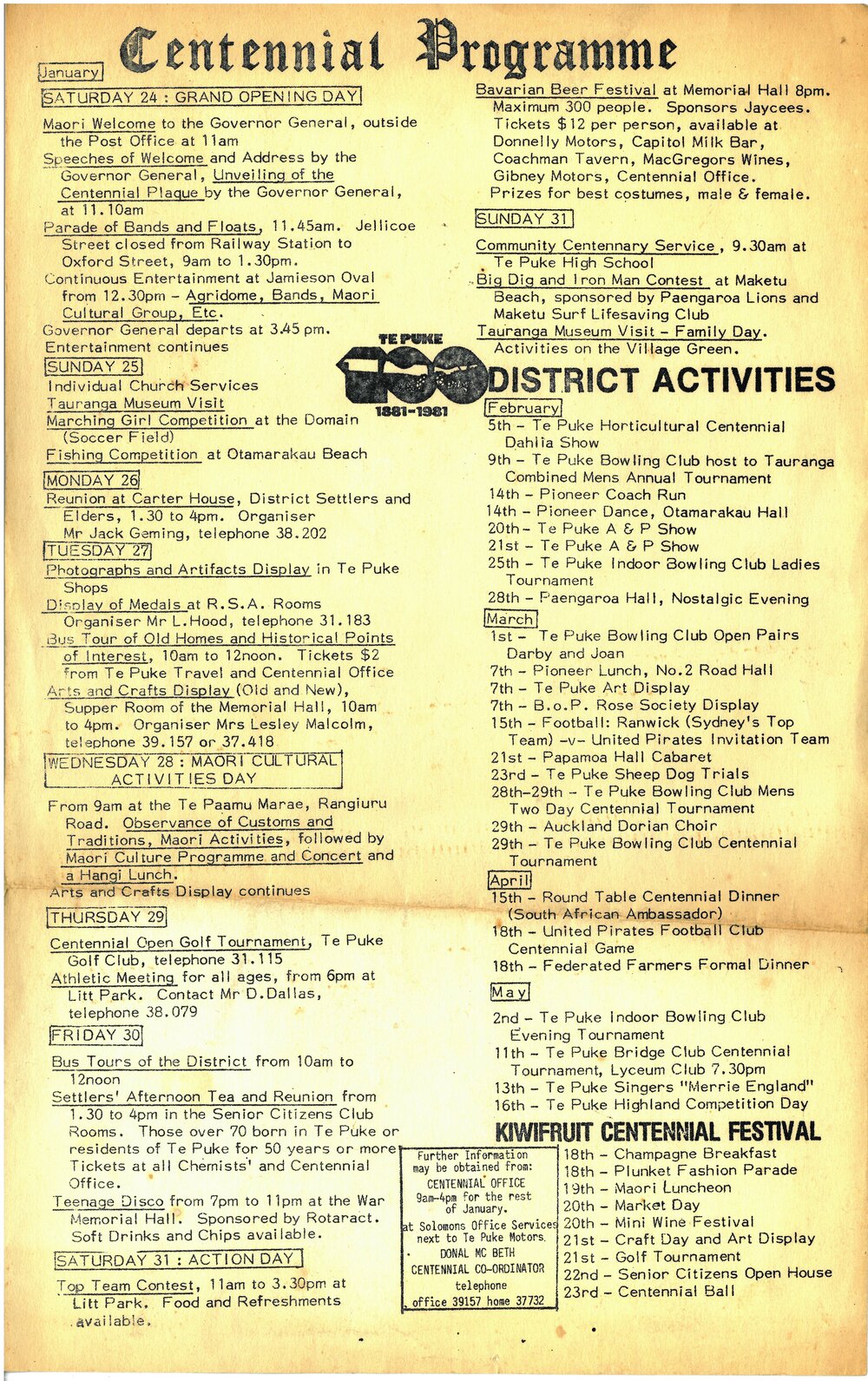 Te Puke Centennial Celebration Events Programme