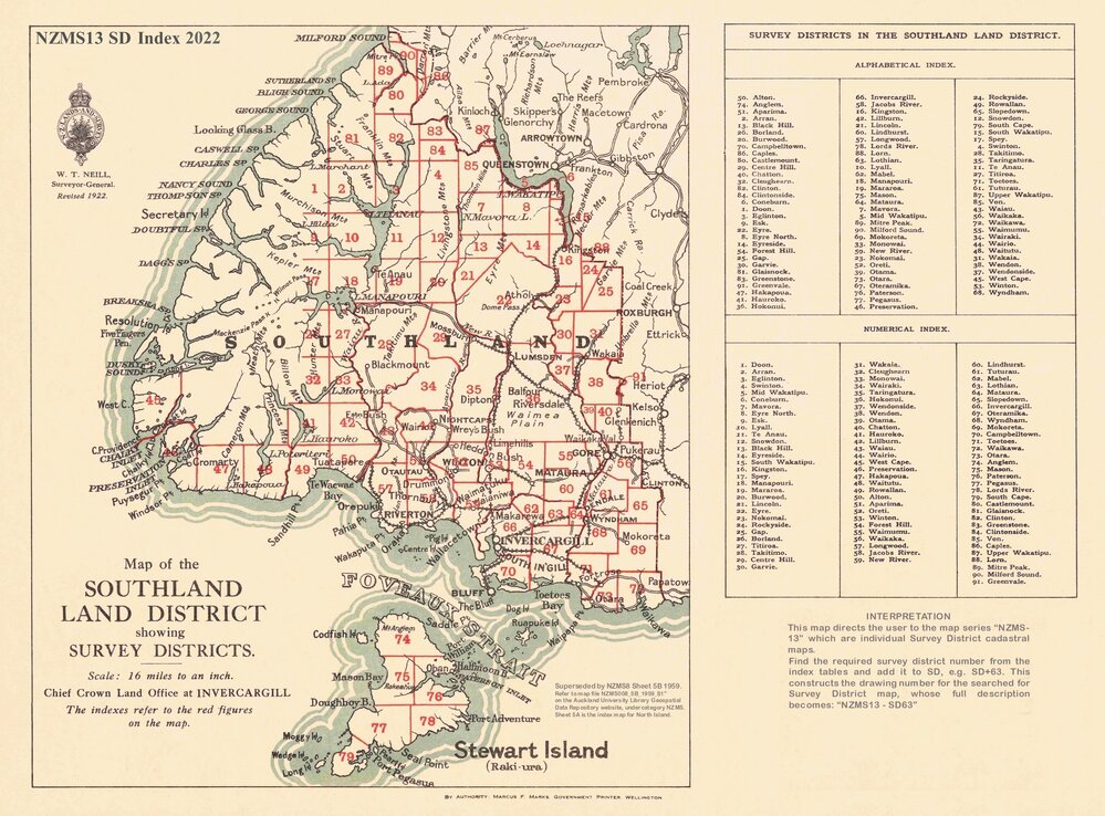 Cadastral index map - Southland Land District showing survey districts - 2022