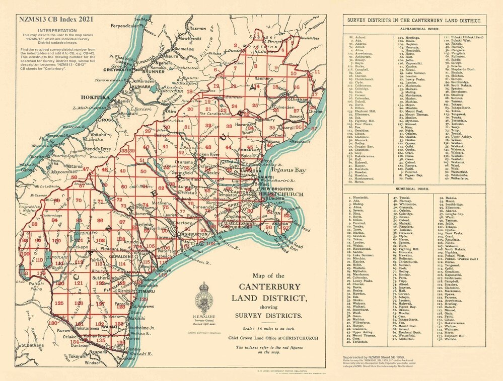 Cadastral index map - Canterbury Land District showing survey districts - 2021