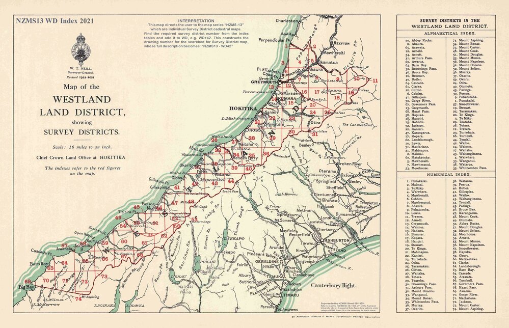 Cadastral index map - Westland Land District showing survey districts - 2021