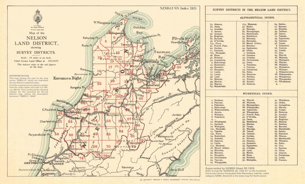 Cadastral index map - Nelson Land District showing survey districts - 2021