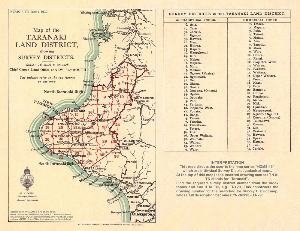 Cadastral index map - Taranaki Land District showing survey districts - 2022