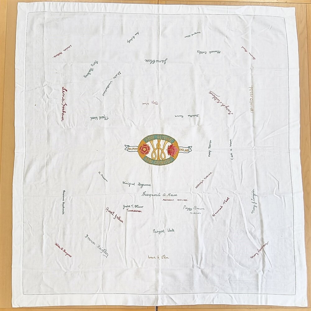 signed tablecloth from C.W.I. of Galphay, Yorkshire, UK