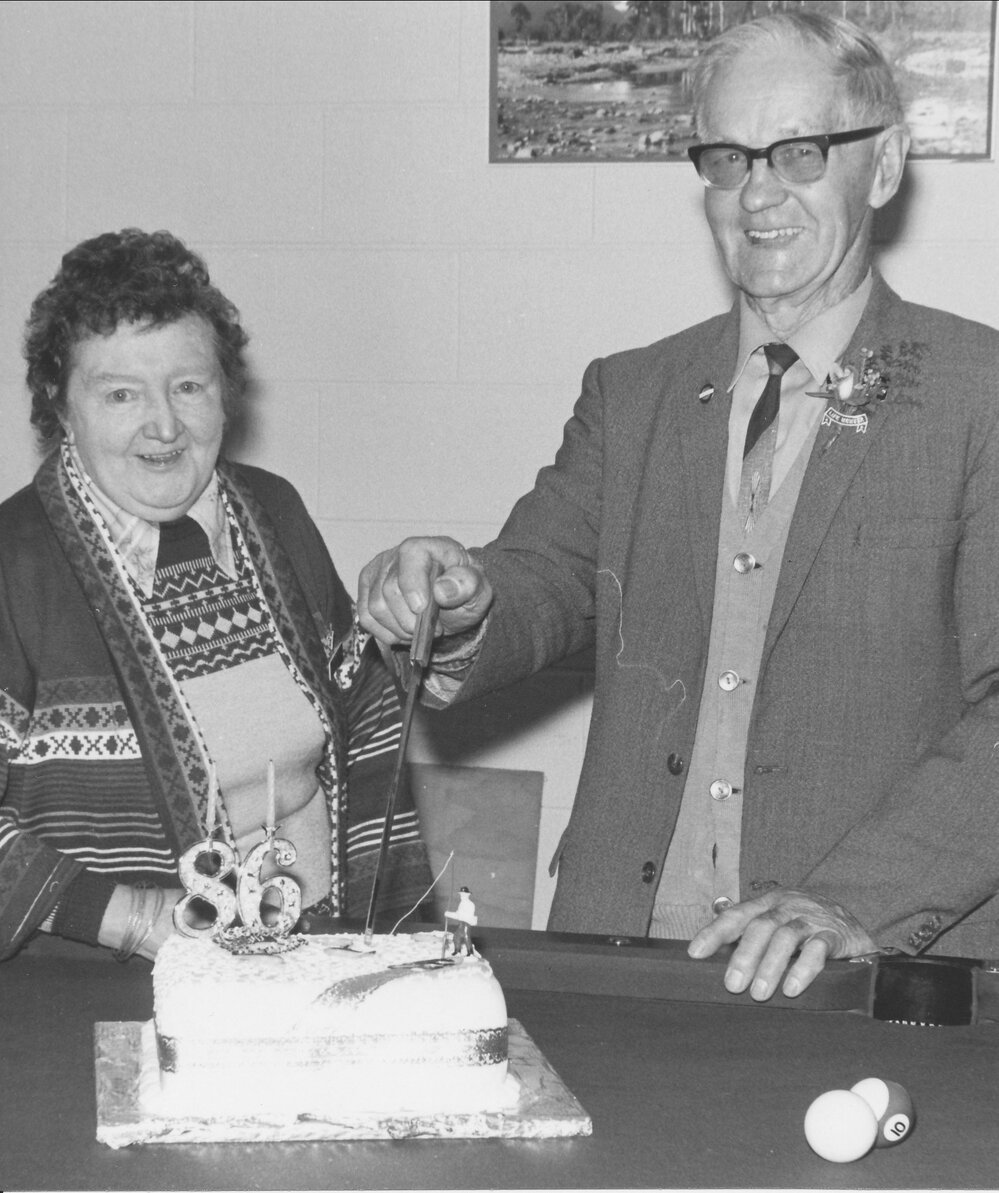 Mrs. Hodge and Tom Barnett at Tom's 86th birthday