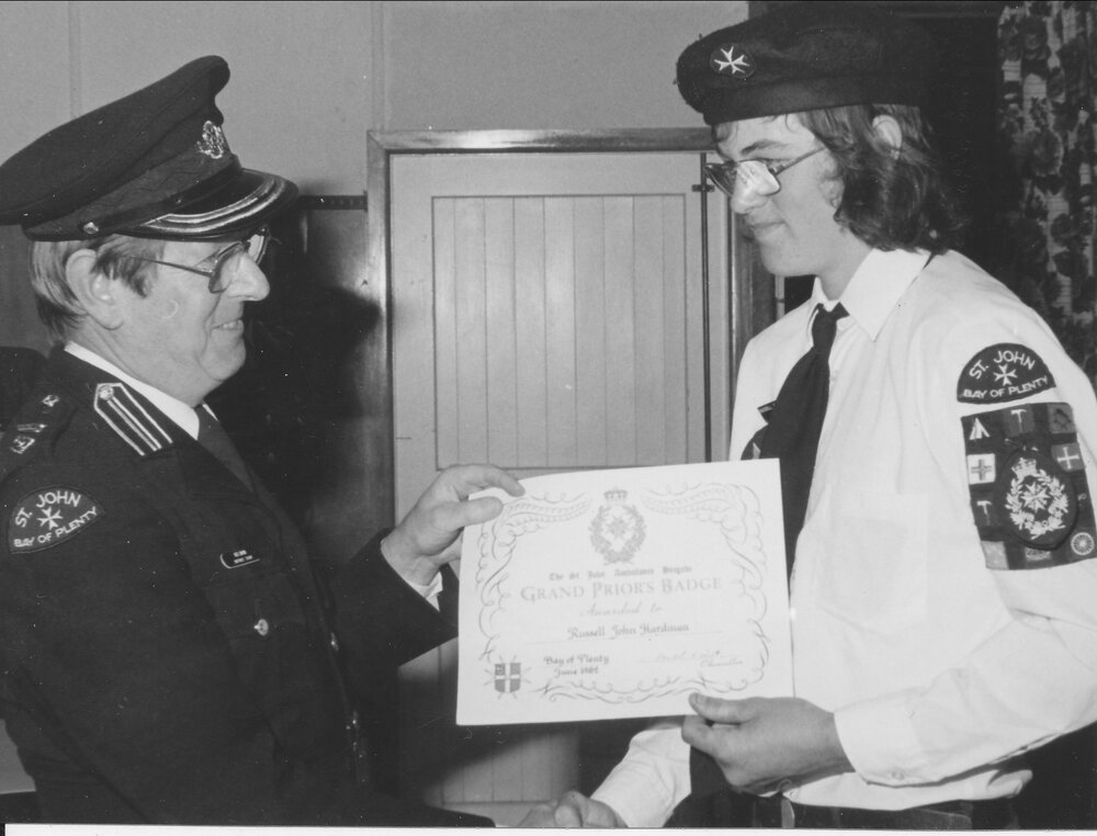 Te Puke's Russell Hardman receiving St John's Grand Priors award.