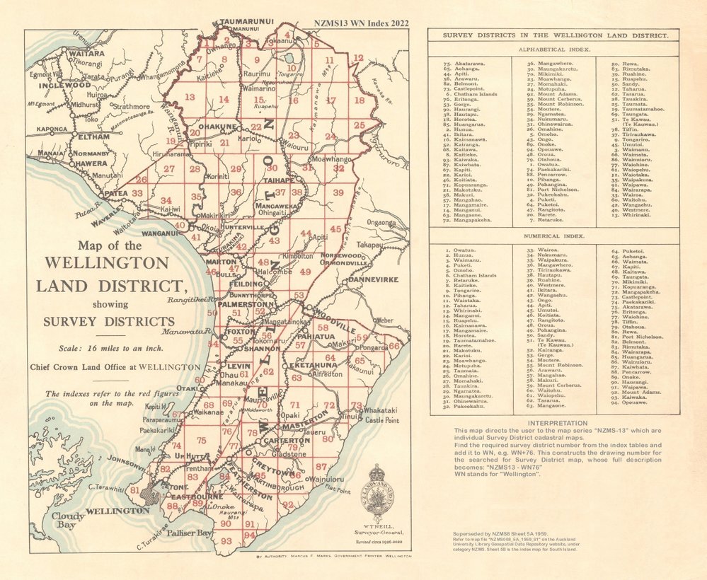 Cadastral index map - Wellington Land District showing survey districts - 2022