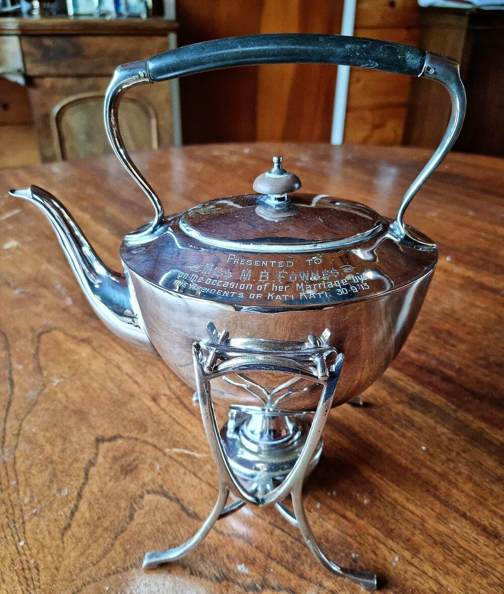 Tea pot given to Mabel Fownes by citizens of Katikati