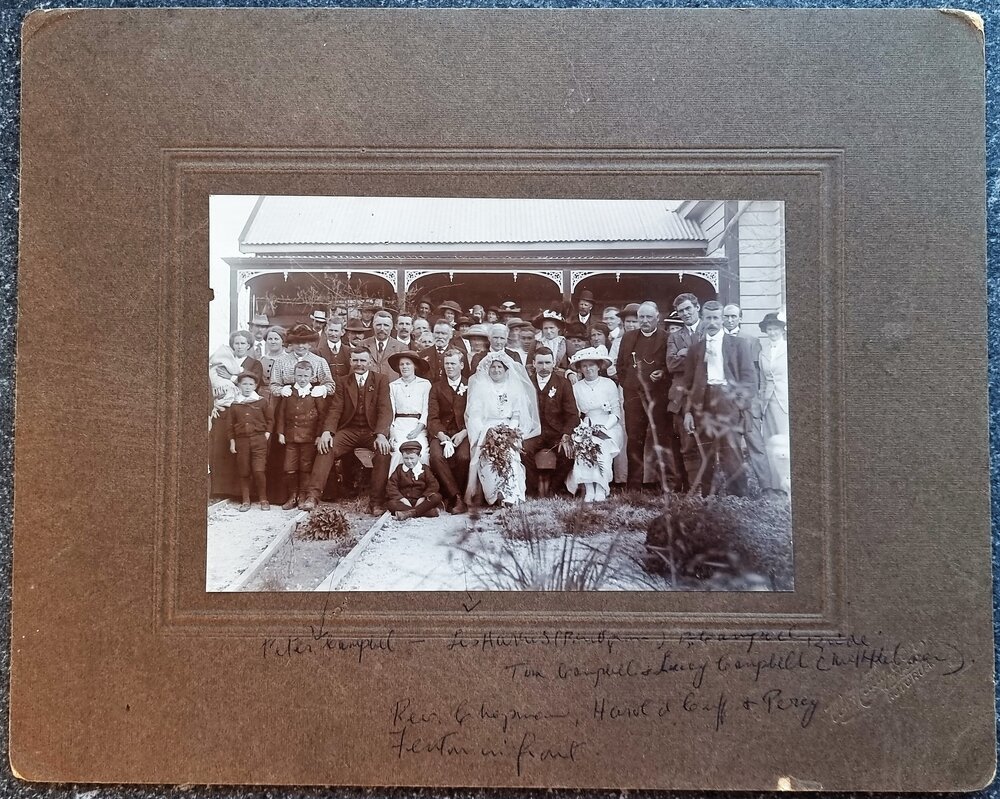 Wedding group at the marriage of Mr. Les Hughes and Miss Campbell