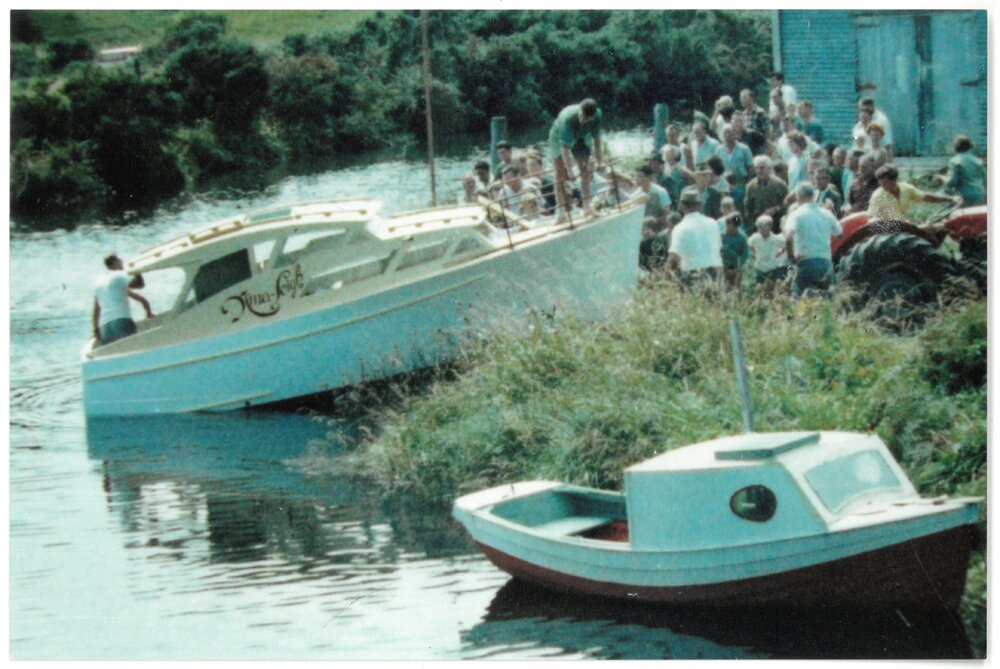 John Stone's cabin cruiser the Nina-Leigh on the Uretara River, Katikati