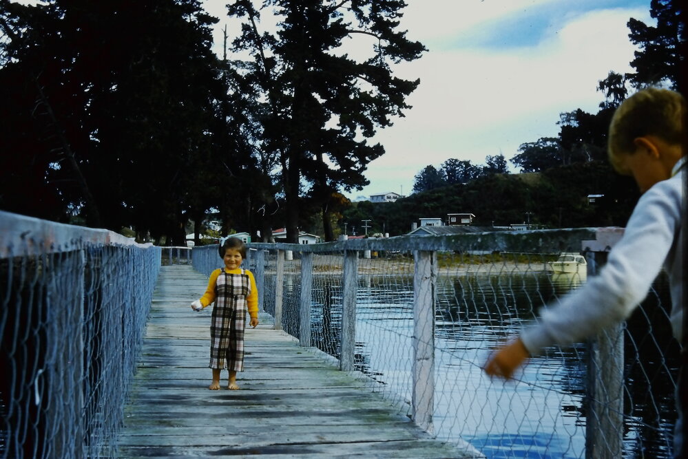 Lindsay and Alma Bent's grand daughter on Ōmokoroa wharf 
