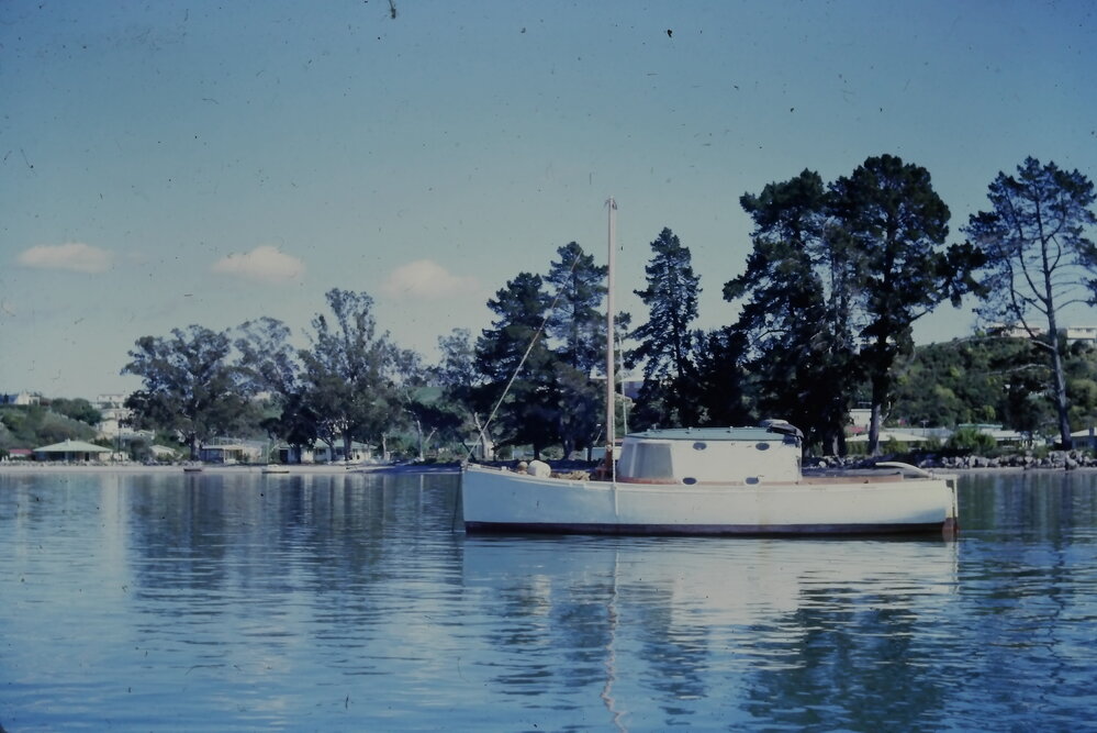 Lindsay Bent's converted mullet boat "Malua" at Ōmokoroa