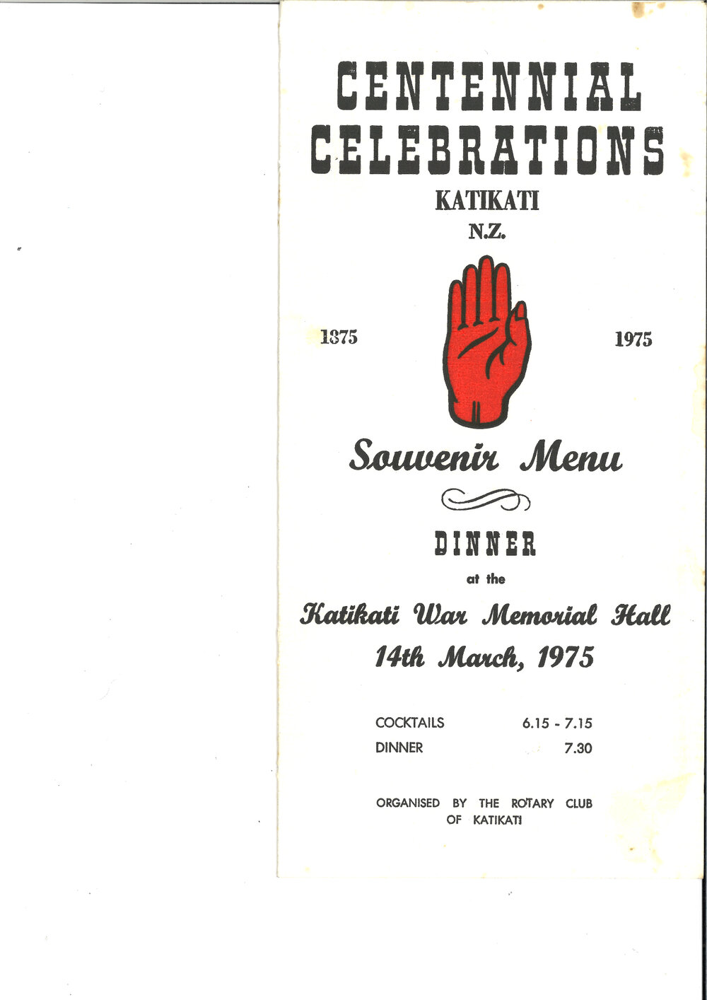 Centennial Celebration Souvenir Menu - Katikati
