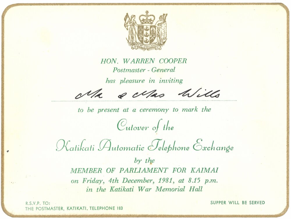 Invitation to celebration of cutover of the Katikati automatic telephone exchange
