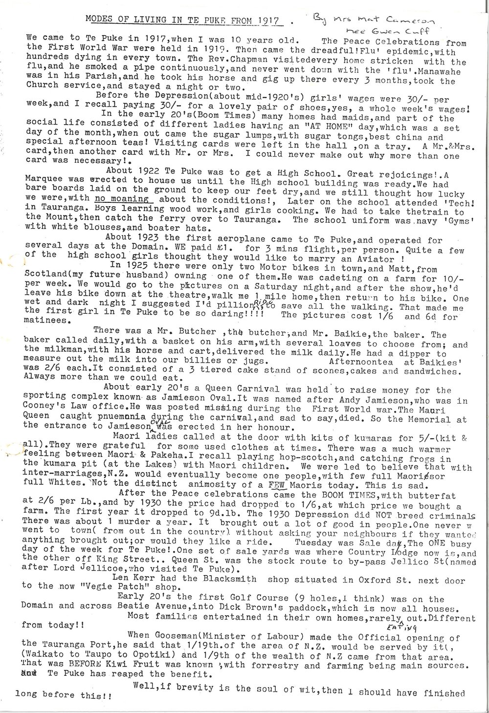 Modes of living in Te Puke from 1917