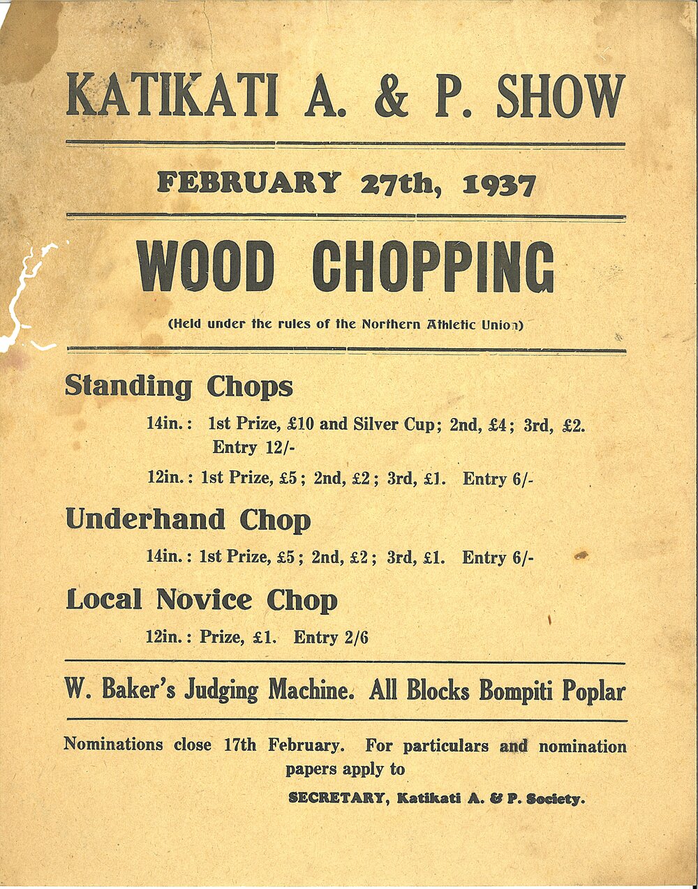Poster - Katikati A &amp; P Show Wood Chopping Competition