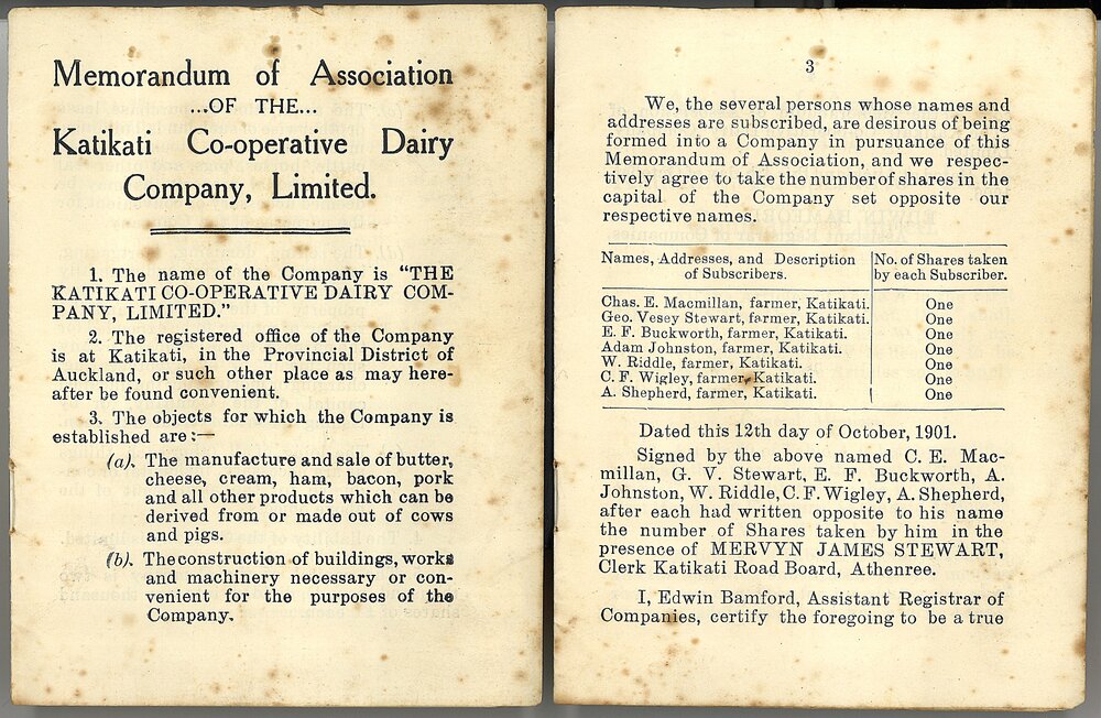 Katikati Co-operative Dairy Co. Ltd. Memorandum of Association
