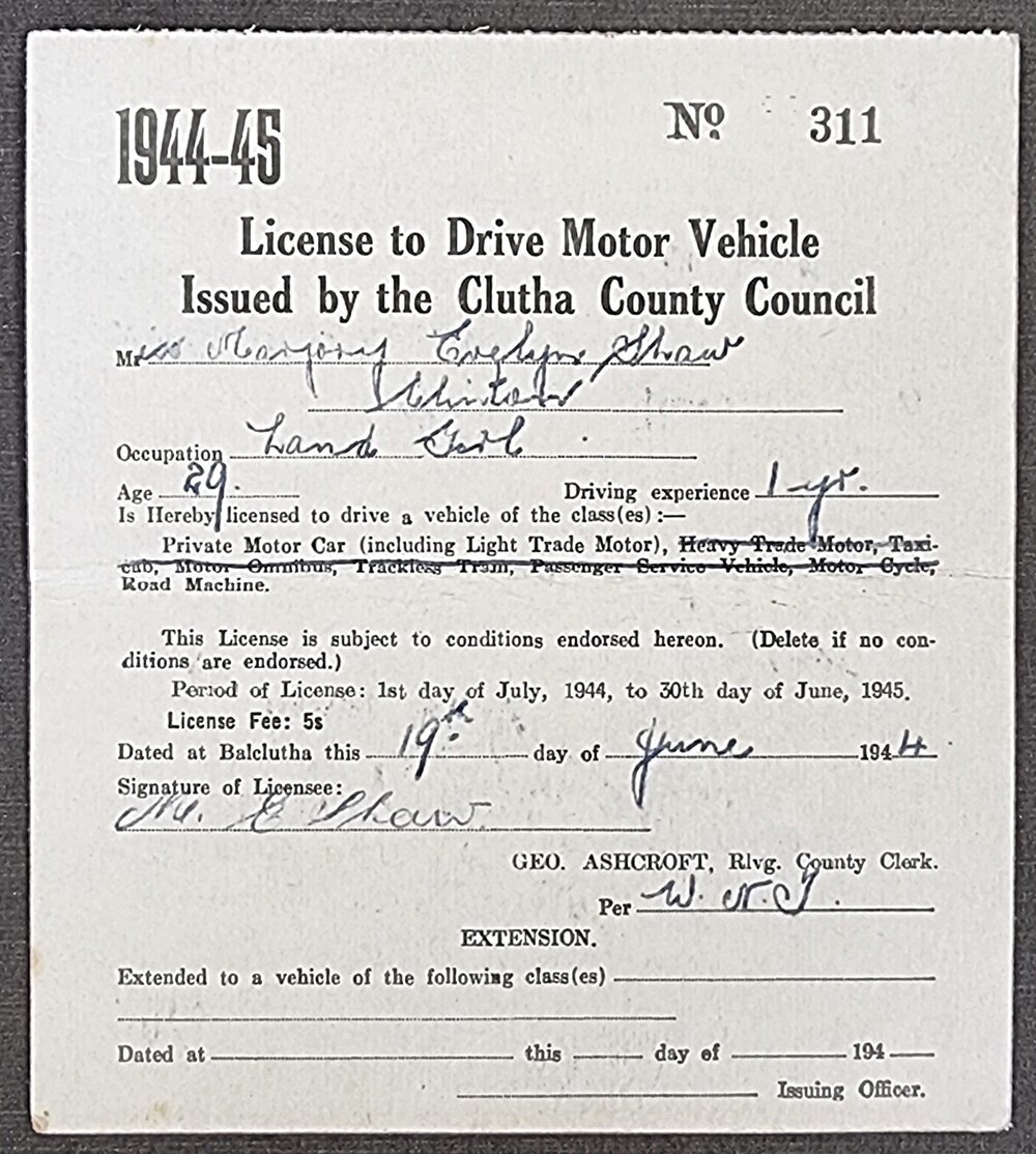 Driver's Licence issued to Marjory Shaw