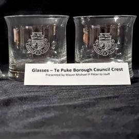 Drinking glasses with Te Puke Borough crest
