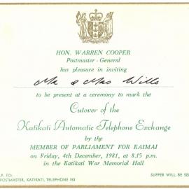 Invitation to celebration of cutover of the Katikati automatic telephone exchange