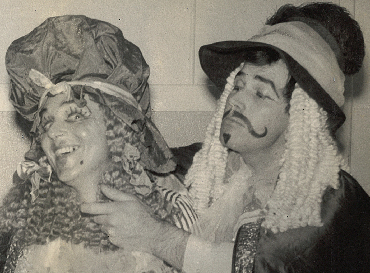 Ma Sharples (Chris Sherwood) and Baron Hardfast (Robert Kilgour) pose during rehearsals for the pantomime "Jack and the Beanstalk", performed in 1968.